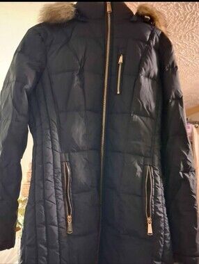 Michael Kors Black Quilted Long Puffer Coat with Gold Zippers Size L